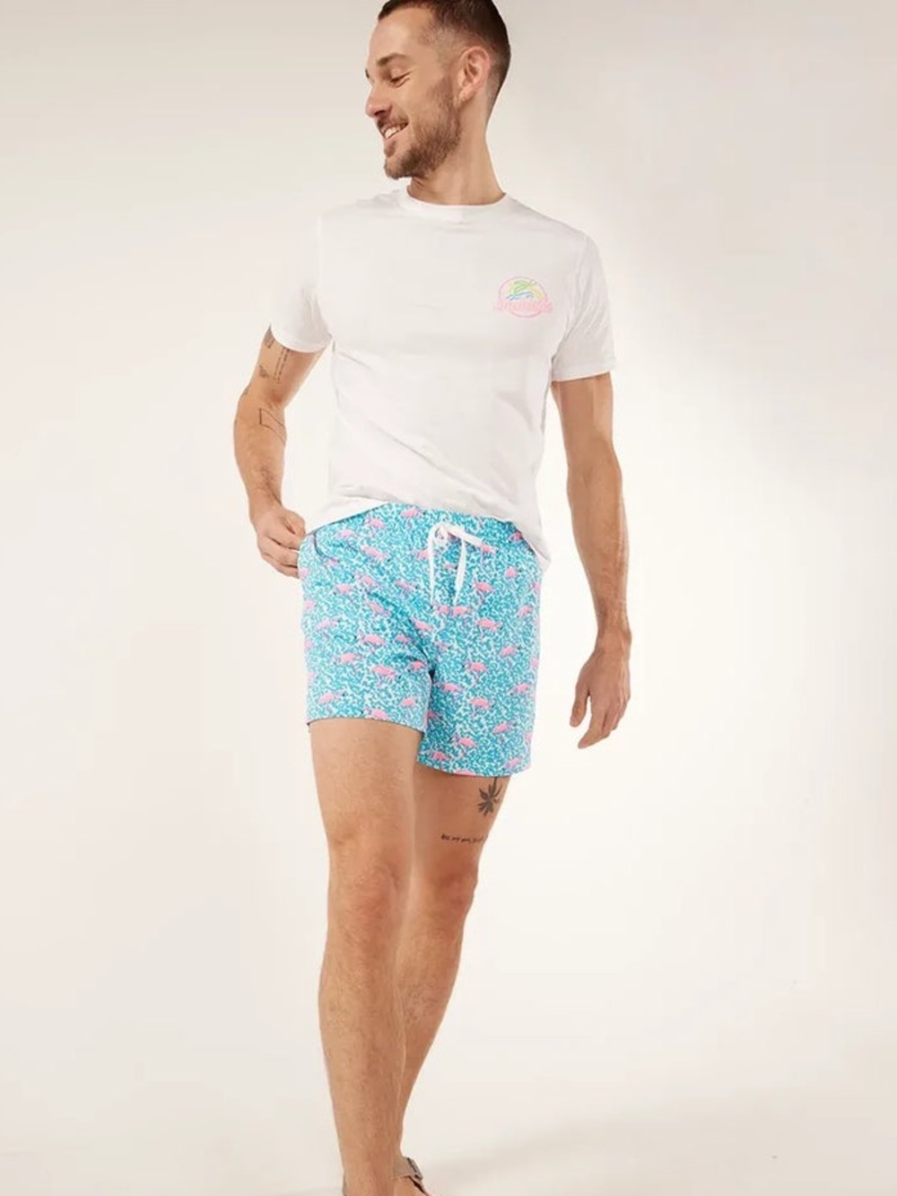 Chubbies Lined Classic Swim Trunk Flamingo Print Swim Trunks - Turquoise & Pink